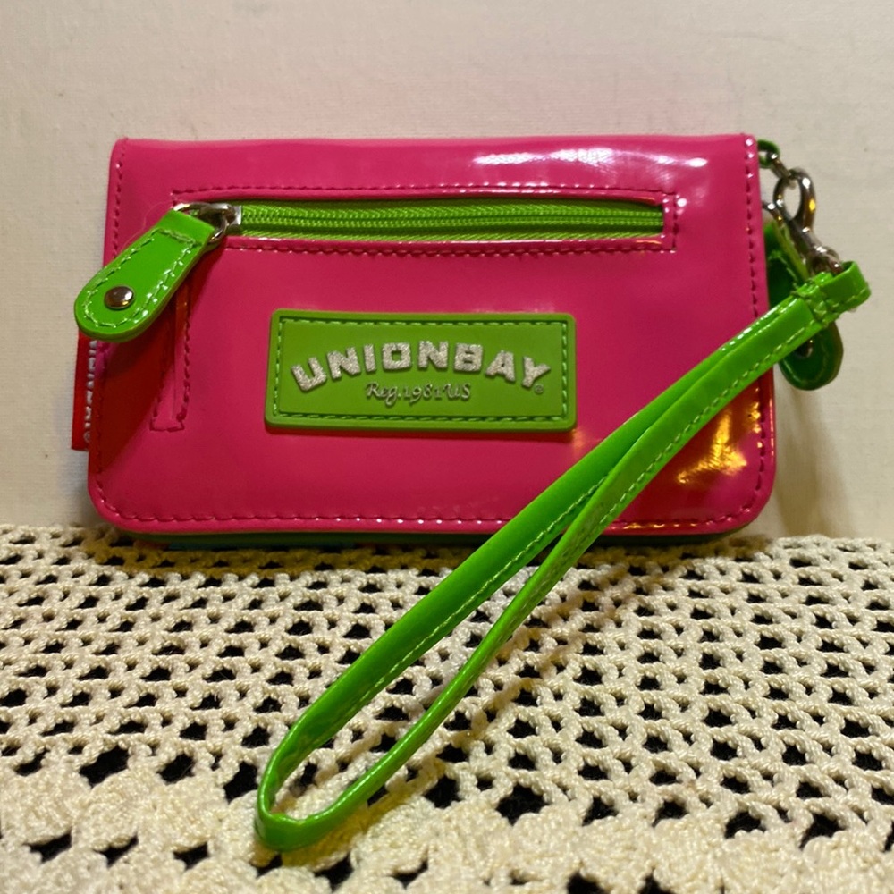 Unionbay wristlet in neon pink, green, and blue vinyl wallet